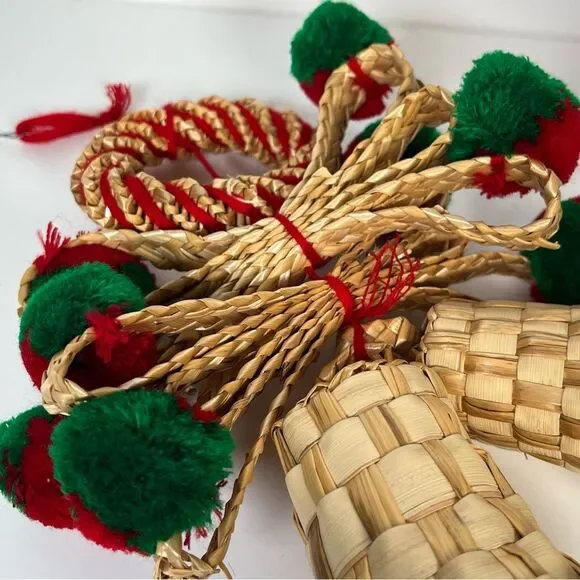 Vintage Straw Rattan Wicker Woven Hanging Basket Bells Christmas Decor Boho MCM - Picture 10 of 12